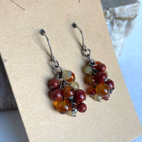 Sterling Silver 925 Beaded Red Jasper Multi-stone Dangle Drop Earrings - Picture 2 of 16